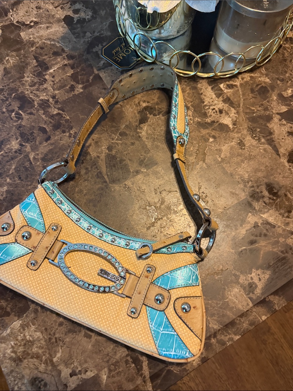 Guess Turquoise and Tan Embellished Shoulder Bag